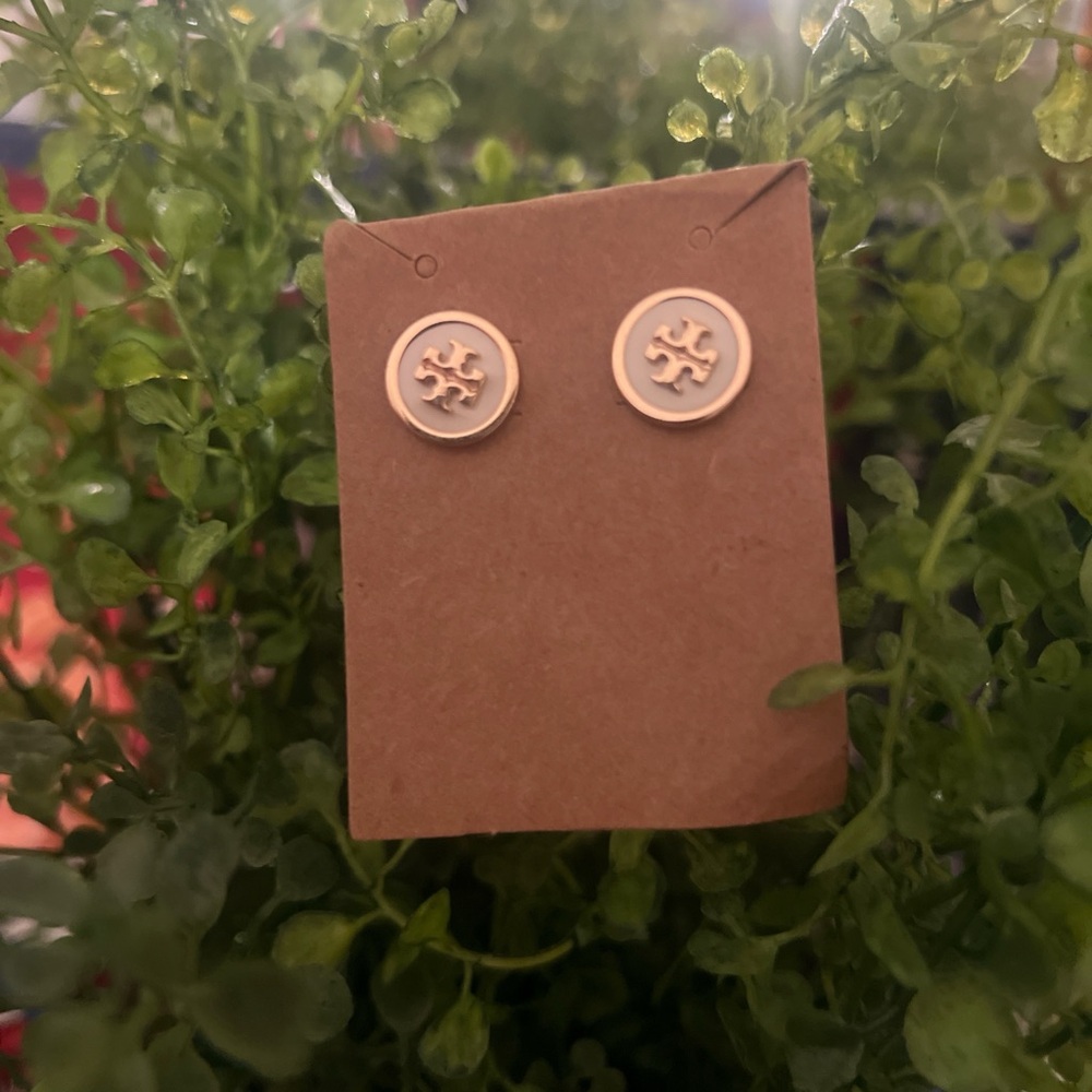 Tory Burch Gold and White Logo Stud Earrings